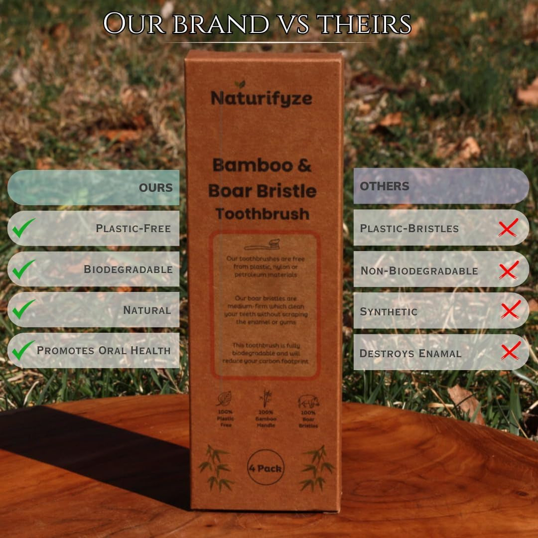 Boar Bristle & Bamboo Toothbrush (4 Pack) - Authentic Boar Bristles - Biodegradable - Plastic Free - Bamboo & Boar Bristle