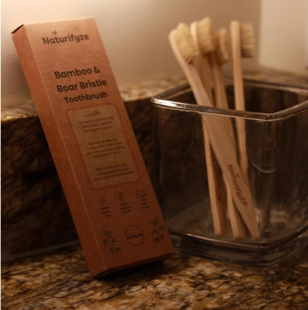Boar Bristle & Bamboo Toothbrush (4 Pack) - Authentic Boar Bristles - Biodegradable - Plastic Free - Bamboo & Boar Bristle