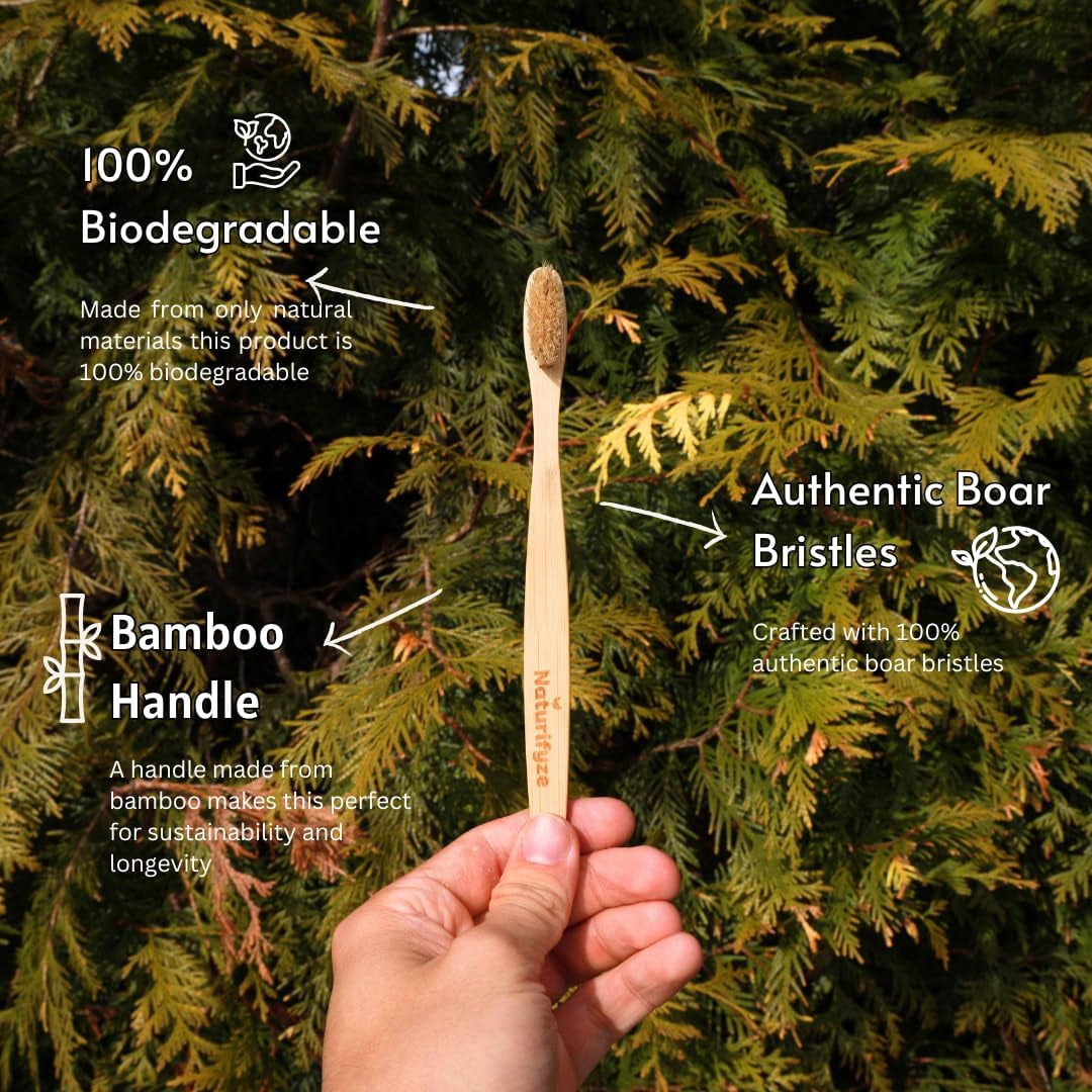 Boar Bristle & Bamboo Toothbrush (4 Pack) - Authentic Boar Bristles - Biodegradable - Plastic Free - Bamboo & Boar Bristle