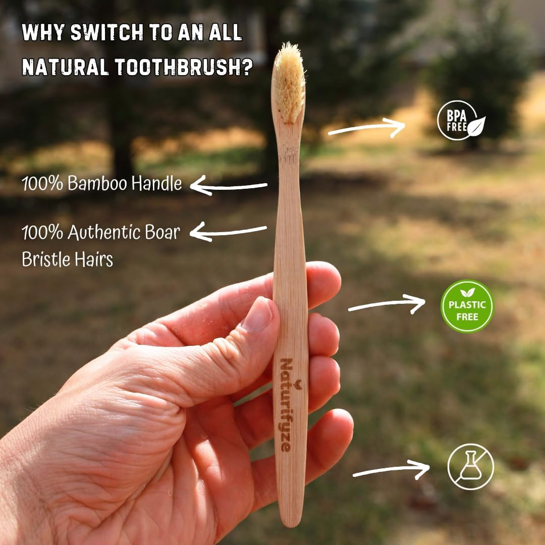 Boar Bristle & Bamboo Toothbrush (4 Pack) - Authentic Boar Bristles - Biodegradable - Plastic Free - Bamboo & Boar Bristle