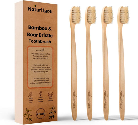 Boar Bristle & Bamboo Toothbrush (4 Pack) - Authentic Boar Bristles - Biodegradable - Plastic Free - Bamboo & Boar Bristle
