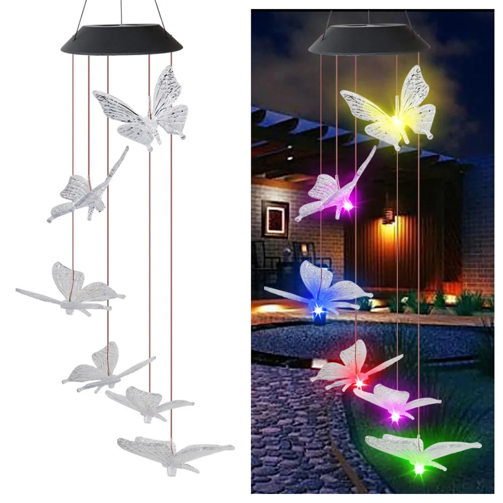LED Colorful Solar Power Wind Chime Crystal Hummingbird Butterfly Waterproof Outdoor Windchime Solar Light for Garden Outdoor