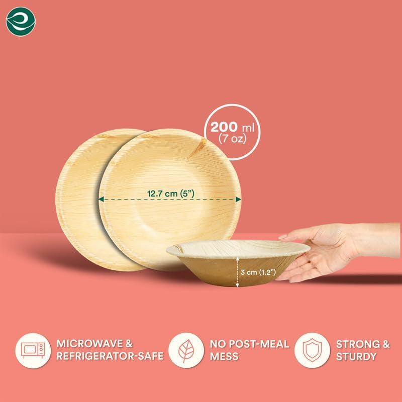 Palm Leaf Bowl 100 Pc, Small 5" (8 Oz) | round like Bamboo Bowls, Compostable, Biodegradable, Disposable Palm Leaf Bowls Eco-Friendly | Sturdy, Microwave & Oven Safe