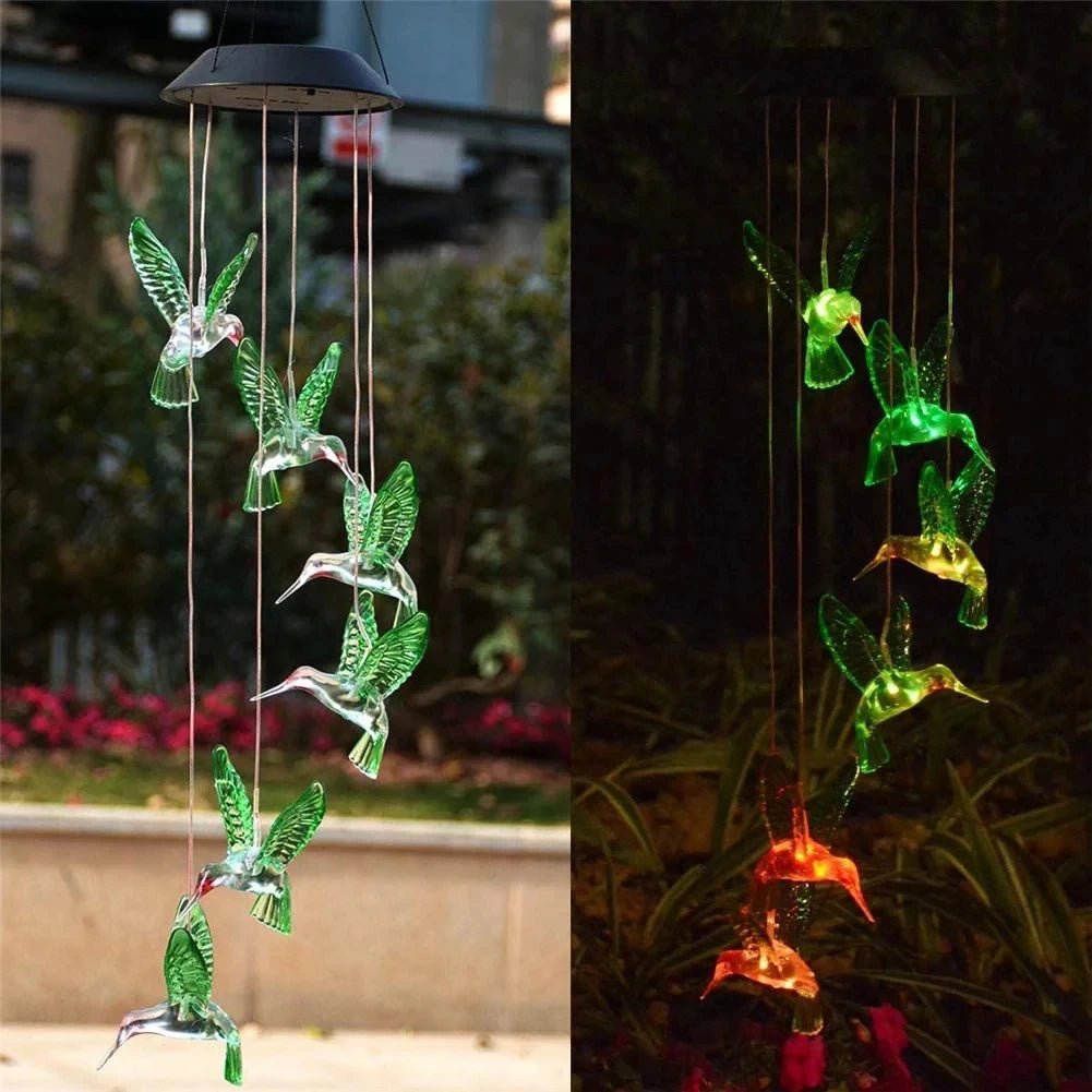 LED Colorful Solar Power Wind Chime Crystal Hummingbird Butterfly Waterproof Outdoor Windchime Solar Light for Garden Outdoor