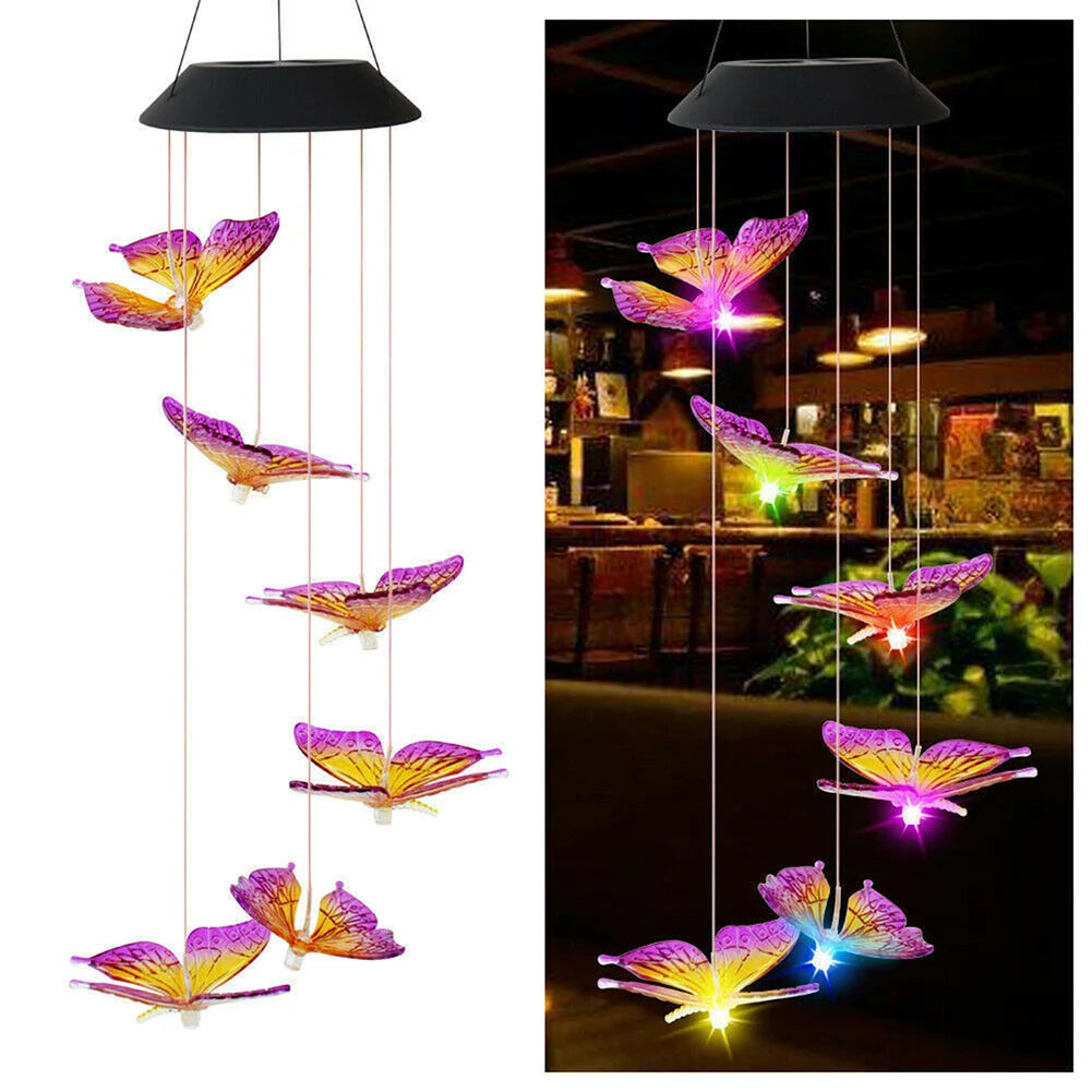 LED Colorful Solar Power Wind Chime Crystal Hummingbird Butterfly Waterproof Outdoor Windchime Solar Light for Garden Outdoor
