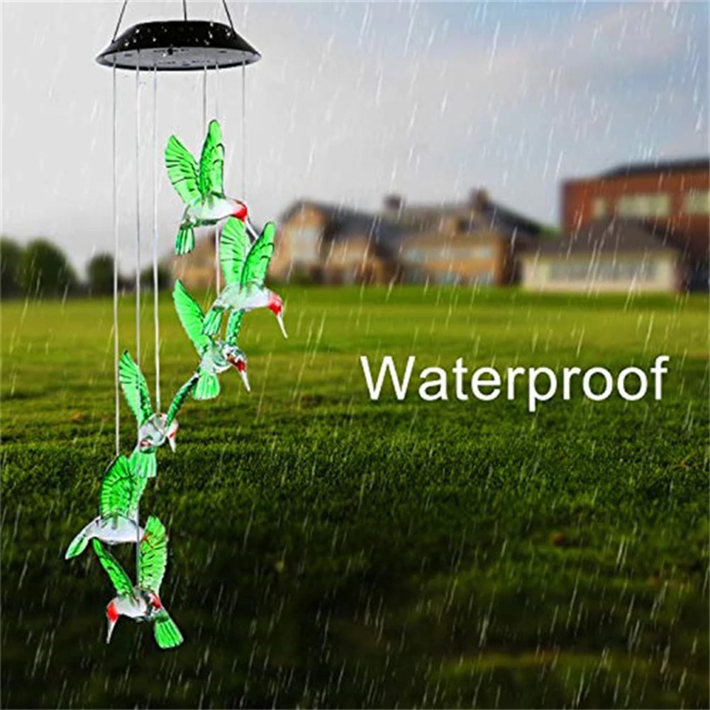 LED Colorful Solar Power Wind Chime Crystal Hummingbird Butterfly Waterproof Outdoor Windchime Solar Light for Garden Outdoor