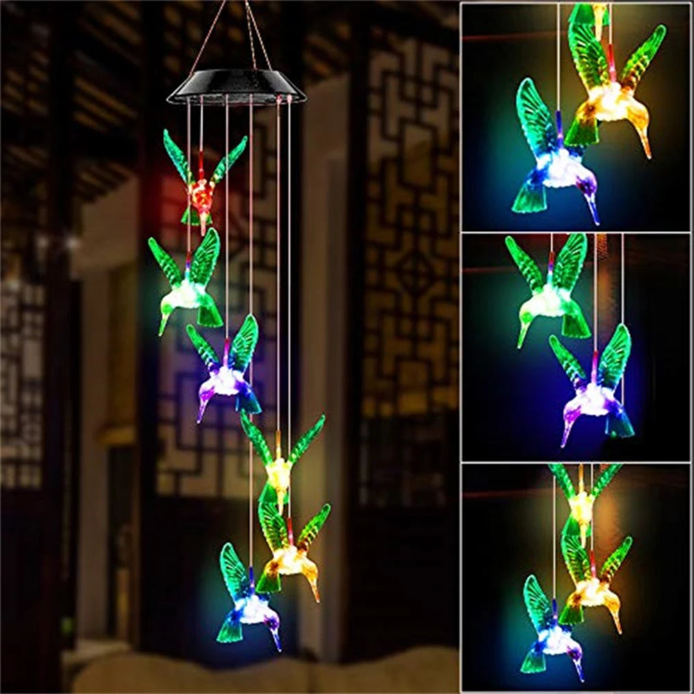 LED Colorful Solar Power Wind Chime Crystal Hummingbird Butterfly Waterproof Outdoor Windchime Solar Light for Garden Outdoor