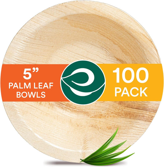 Palm Leaf Bowl 100 Pc, Small 5" (8 Oz) | round like Bamboo Bowls, Compostable, Biodegradable, Disposable Palm Leaf Bowls Eco-Friendly | Sturdy, Microwave & Oven Safe