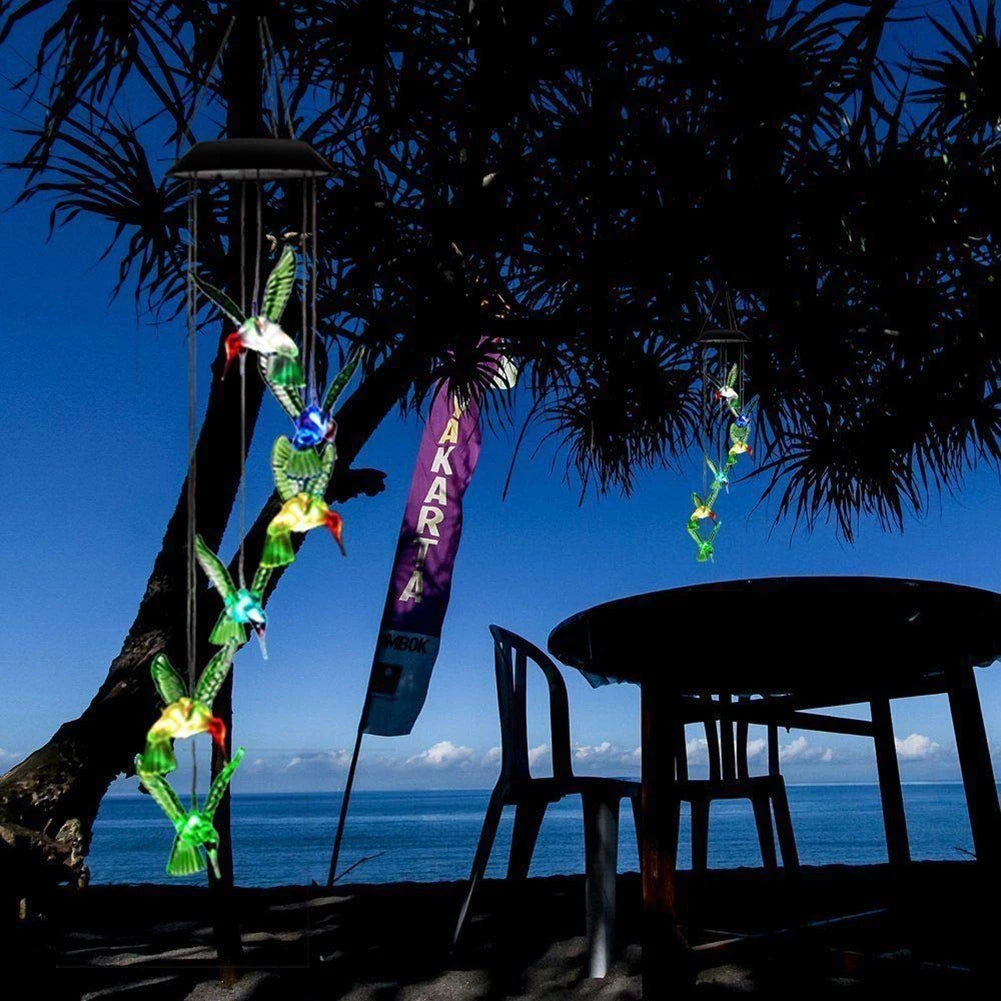 LED Colorful Solar Power Wind Chime Crystal Hummingbird Butterfly Waterproof Outdoor Windchime Solar Light for Garden Outdoor