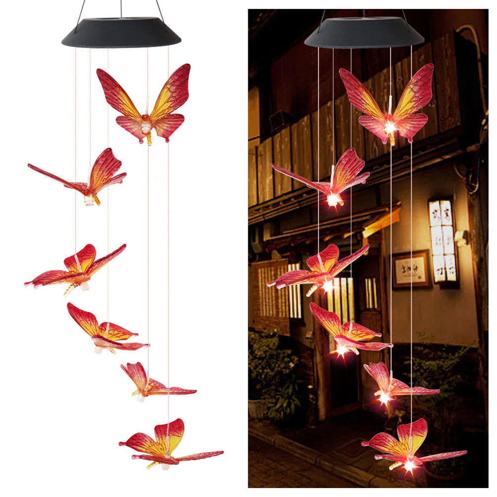 LED Colorful Solar Power Wind Chime Crystal Hummingbird Butterfly Waterproof Outdoor Windchime Solar Light for Garden Outdoor